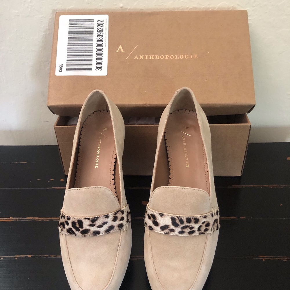 NEW Anthropologie Beige Suede Loafers w/ Leopard Accent, Size 7